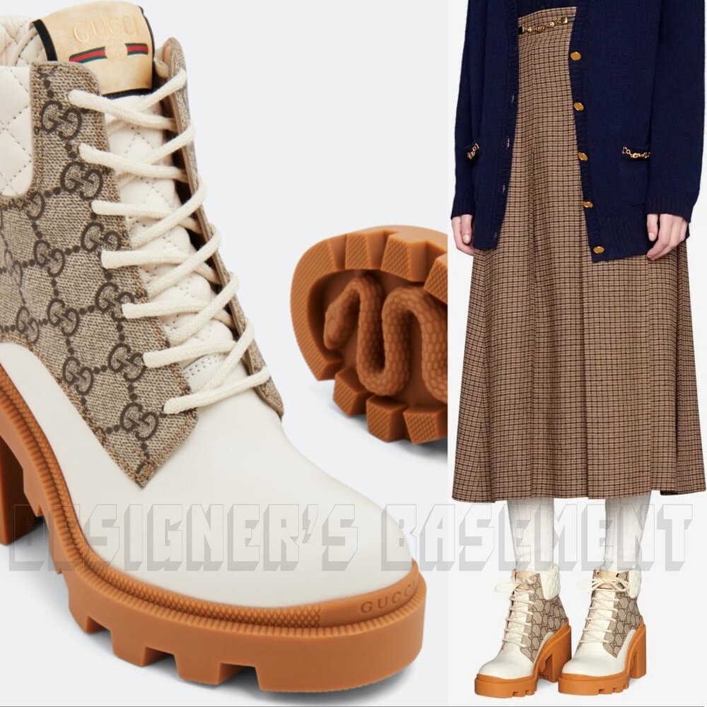 GUCCI 40 beige GG canvas quilted Leather TRIP logo platform Combat ankle Booties - Picture 12 of 14